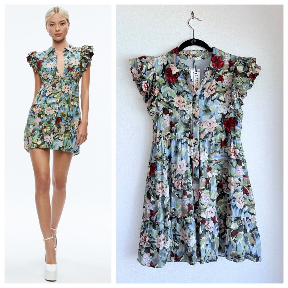 NWT Alice + Olivia Meeko Ruffle Sleeve Mini Shirt Dress in Breeze Floral Size 6